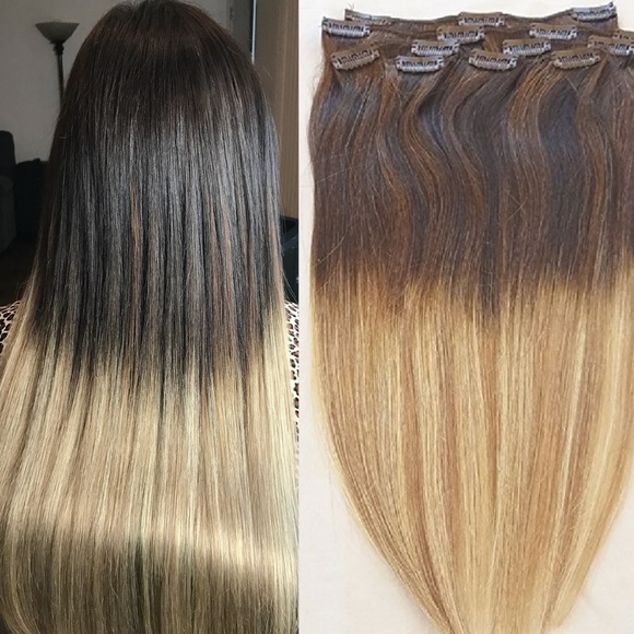 18" 100% Clip in Human Hair Extensions 7Pcs,14 clips # T2-18/613